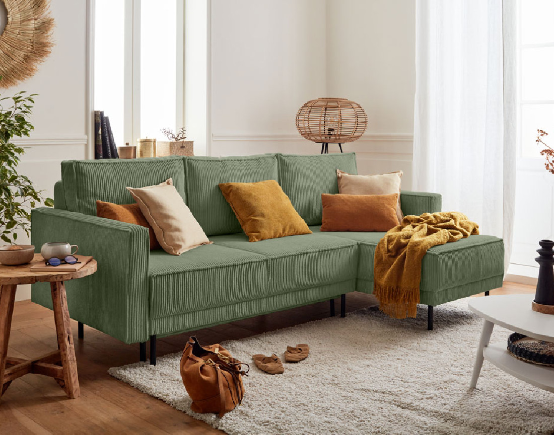 Canapé d'angle réversible 4 places convertible avec coffre en velours côtelé Charlie