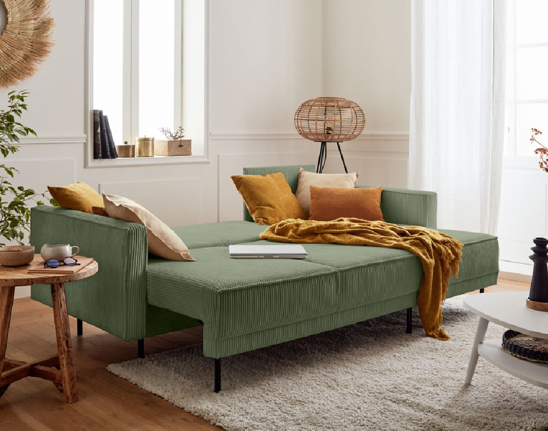 Canapé d'angle réversible 4 places convertible avec coffre en velours côtelé Charlie