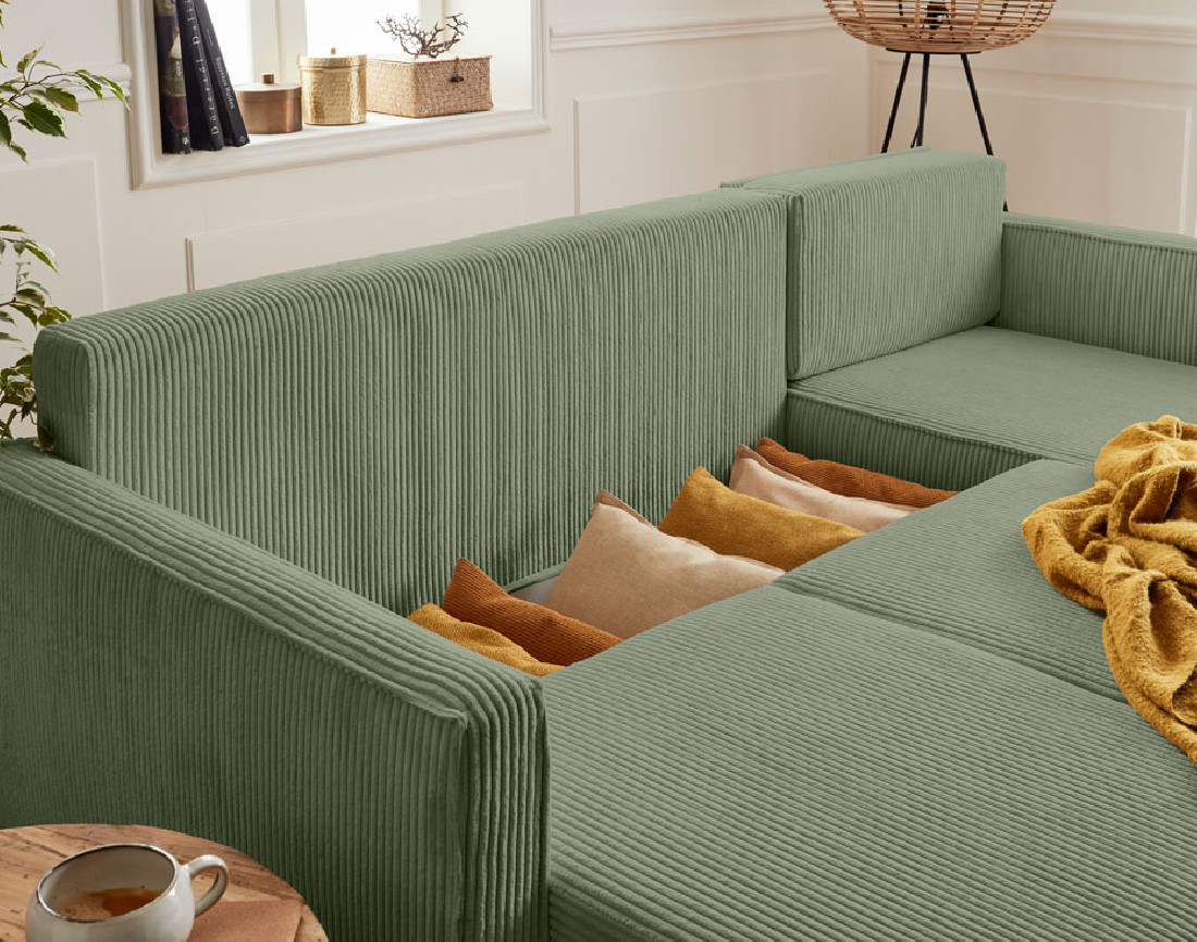 Canapé d'angle réversible 4 places convertible avec coffre en velours côtelé Charlie