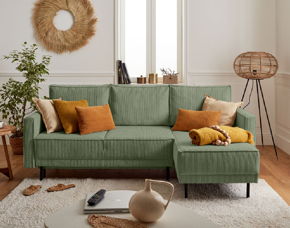 Canapé d'angle réversible 4 places convertible avec coffre en velours côtelé Charlie