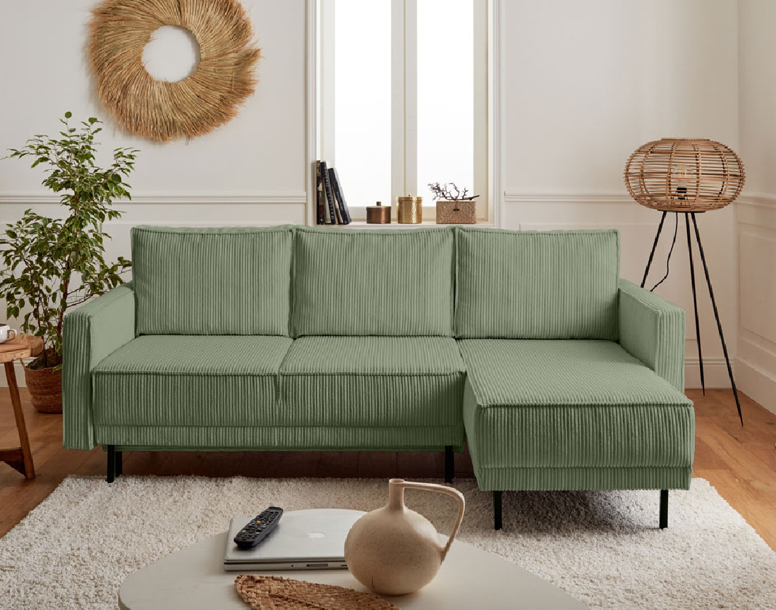 Canapé d'angle réversible 4 places convertible avec coffre en velours côtelé Charlie