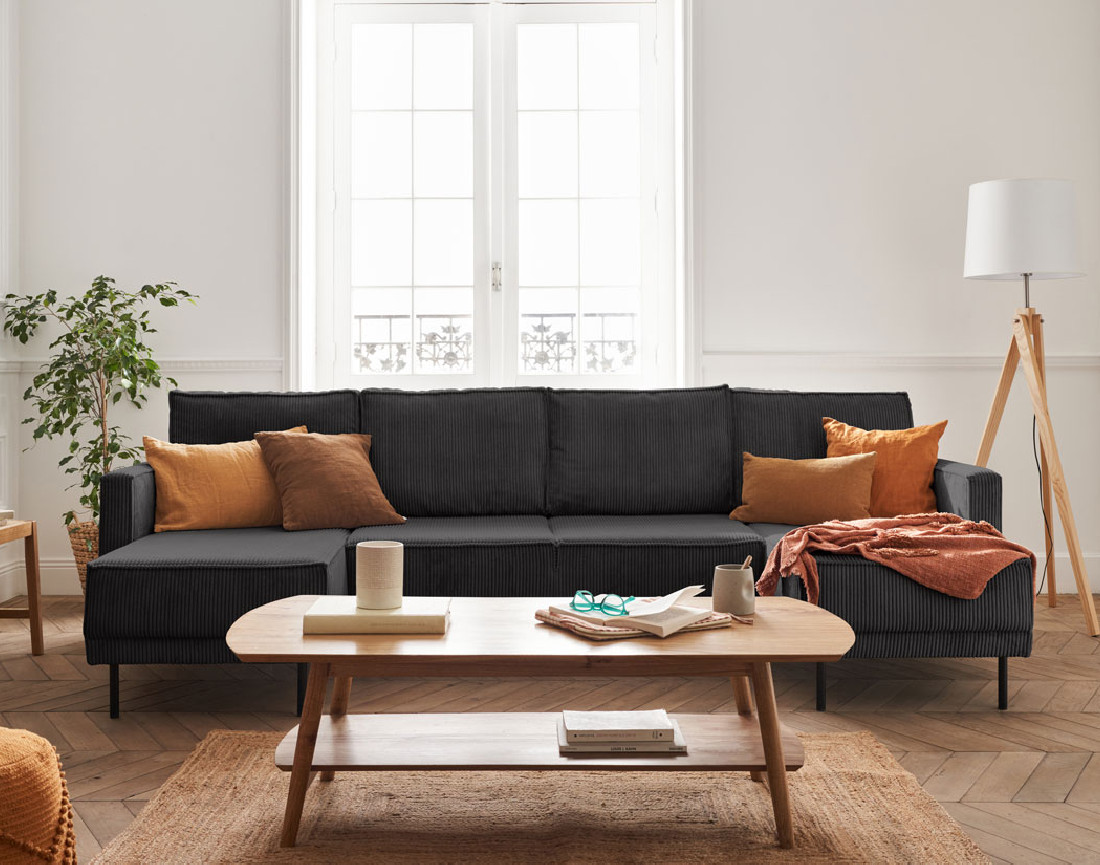 Canapé panoramique convertible avec coffre en velours côtelé 7 places Charlie