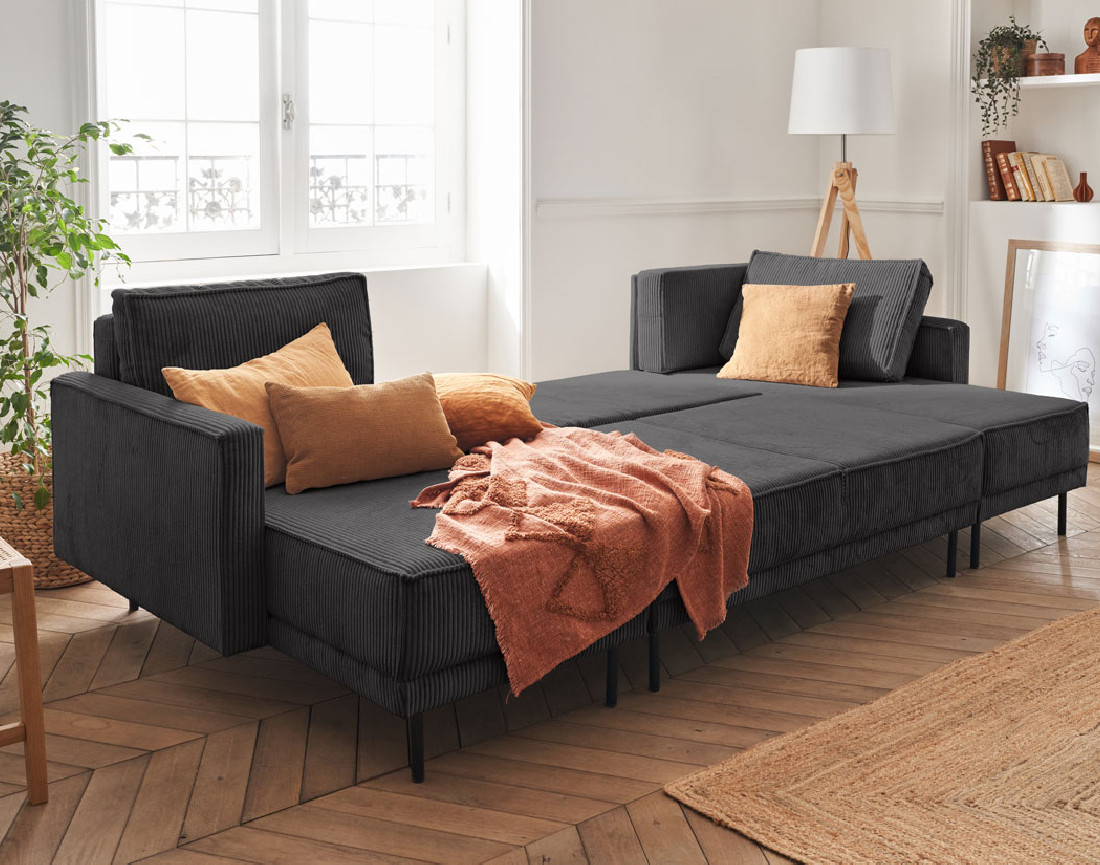 Canapé panoramique convertible avec coffre en velours côtelé 7 places Charlie