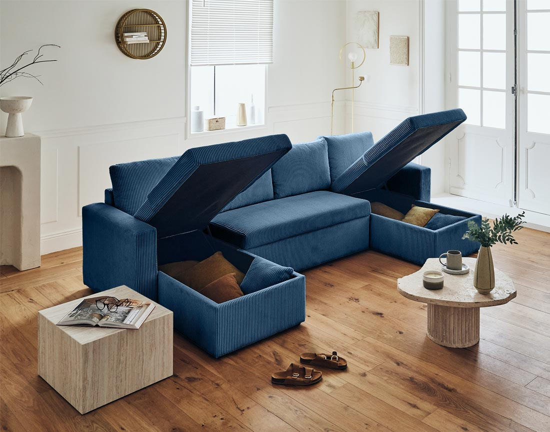 Canapé panoramique en U 7 places convertible avec coffre en velours côtelé Cyrus