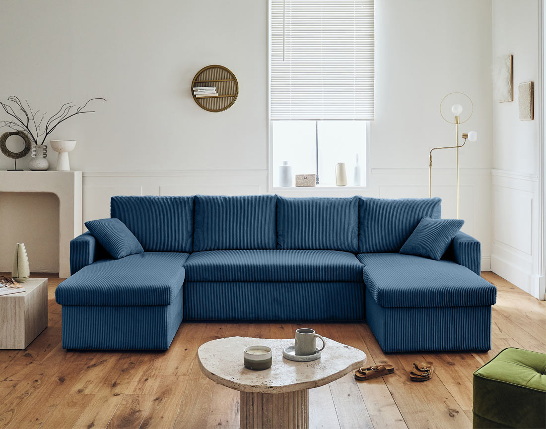 Canapé panoramique en U 7 places convertible avec coffre en velours côtelé Cyrus