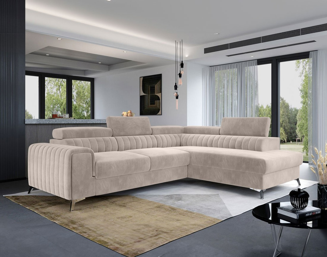 Canapé d'angle droit 5 places convertible avec coffre en velours Talisay Canapé d'angle droit 5 places convertible avec coffre en velours Talisay