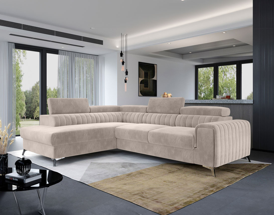 Canapé d'angle gauche 5 places convertible avec coffre en velours Talisay Canapé d'angle gauche 5 places convertible avec coffre en velours Talisay