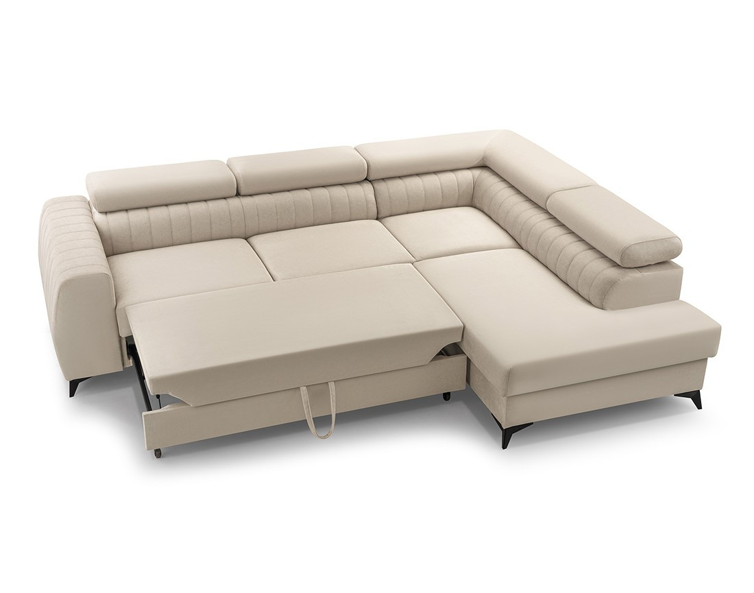 Canapé d'angle droit 5 places convertible, coffre, têtières en velours Aneta Canapé d'angle droit 5 places convertible, coffre, têtières en velours Aneta