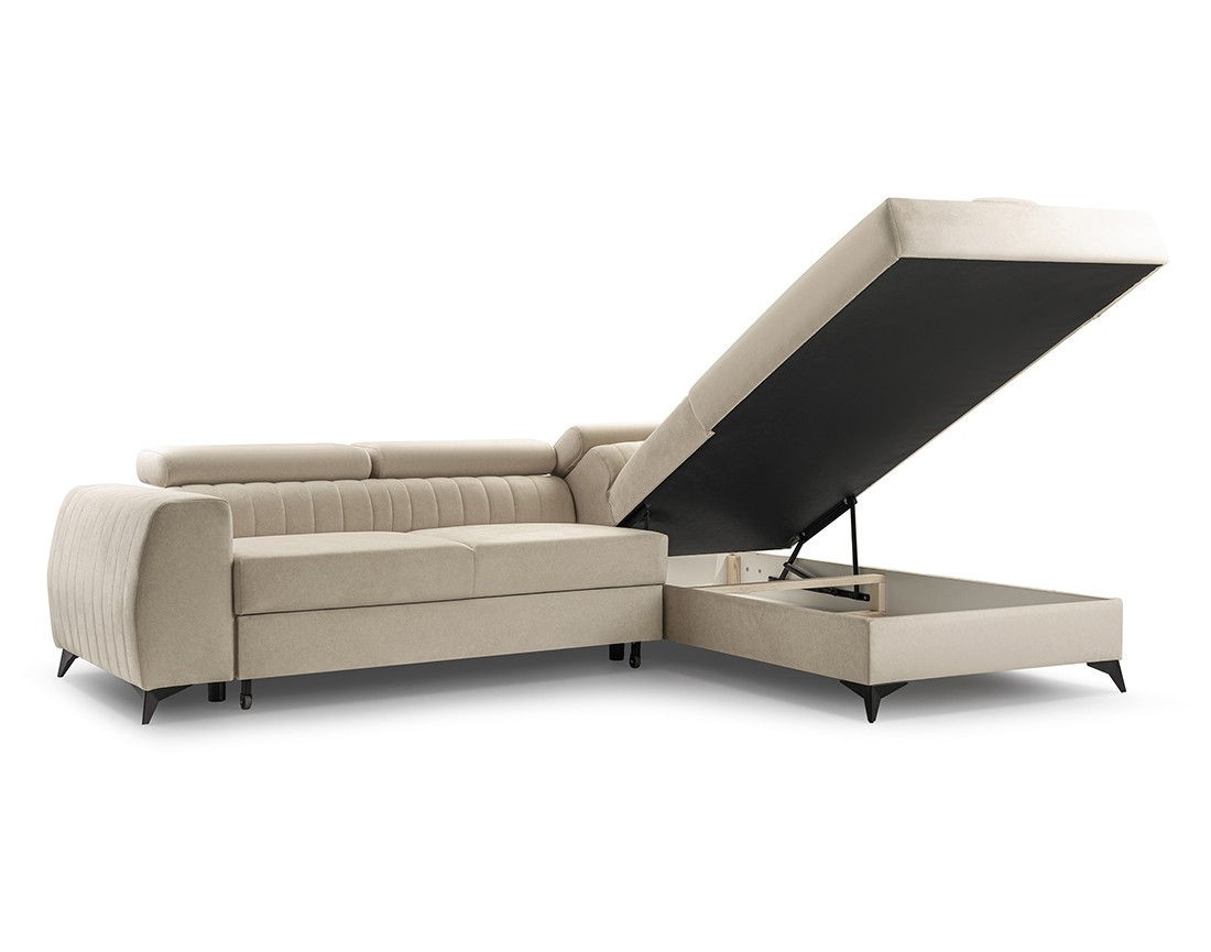 Canapé d'angle droit 5 places convertible, coffre, têtières en velours Aneta Canapé d'angle droit 5 places convertible, coffre, têtières en velours Aneta