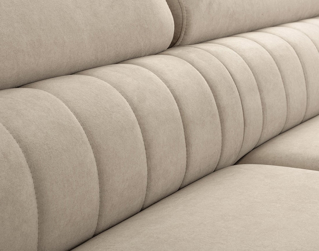 Canapé d'angle droit 5 places convertible, coffre, têtières en velours Aneta Canapé d'angle droit 5 places convertible, coffre, têtières en velours Aneta