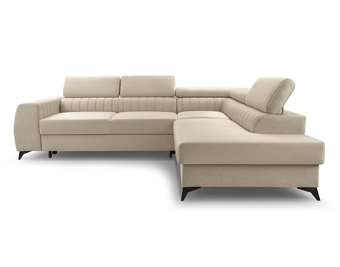 Canapé d'angle droit 5 places convertible, coffre, têtières en velours Aneta Canapé d'angle droit 5 places convertible, coffre, têtières en velours Aneta