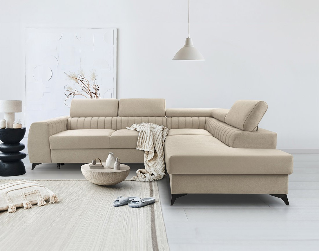 Canapé d'angle droit 5 places convertible, coffre, têtières en velours Aneta Canapé d'angle droit 5 places convertible, coffre, têtières en velours Aneta