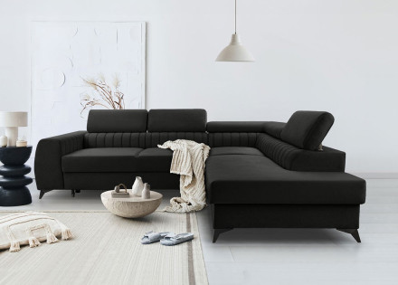 Canapé d'angle droit 5 places convertible, coffre, têtières en velours Aneta