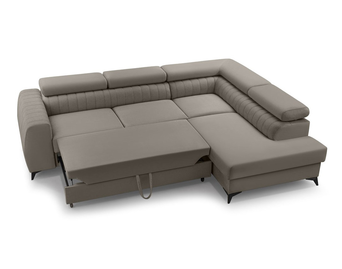 Canapé d'angle droit 5 places convertible, coffre, têtières en velours Aneta