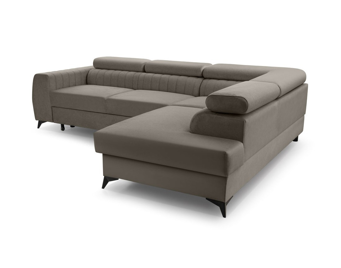 Canapé d'angle droit 5 places convertible, coffre, têtières en velours Aneta
