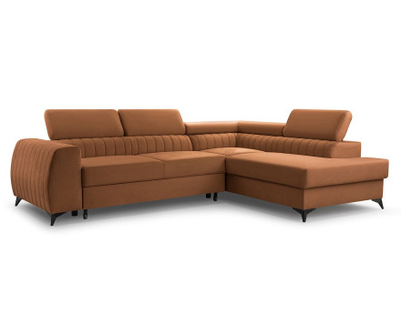 Canapé d'angle droit 5 places convertible, coffre, têtières en velours Aneta