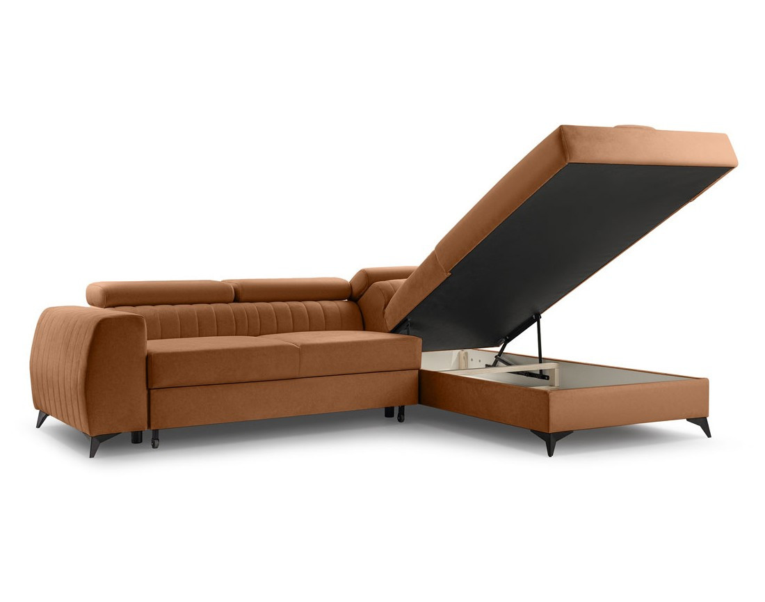 Canapé d'angle droit 5 places convertible, coffre, têtières en velours Aneta
