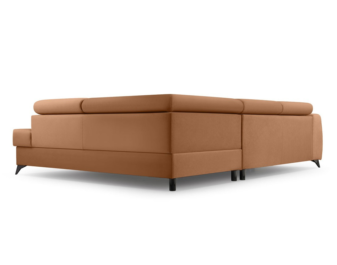 Canapé d'angle droit 5 places convertible, coffre, têtières en velours Aneta