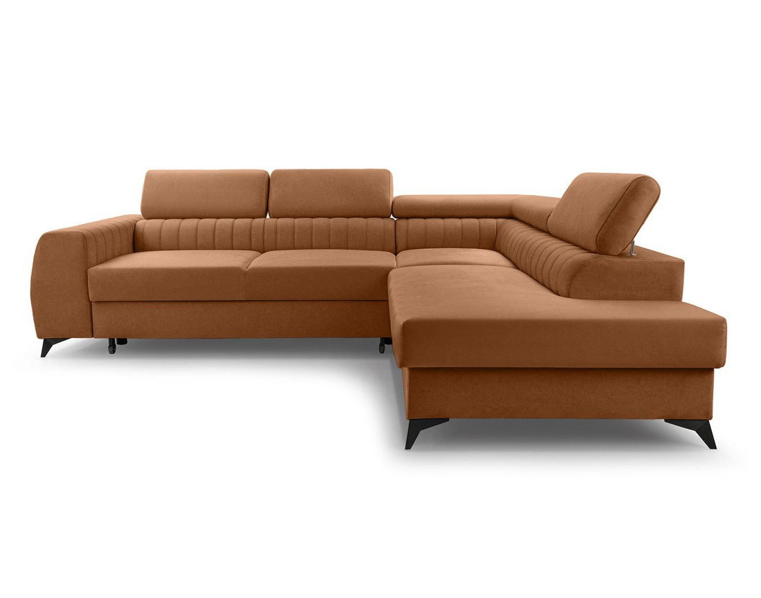 Canapé d'angle droit 5 places convertible, coffre, têtières en velours Aneta