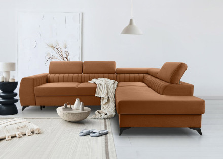 Canapé d'angle droit 5 places convertible, coffre, têtières en velours Aneta