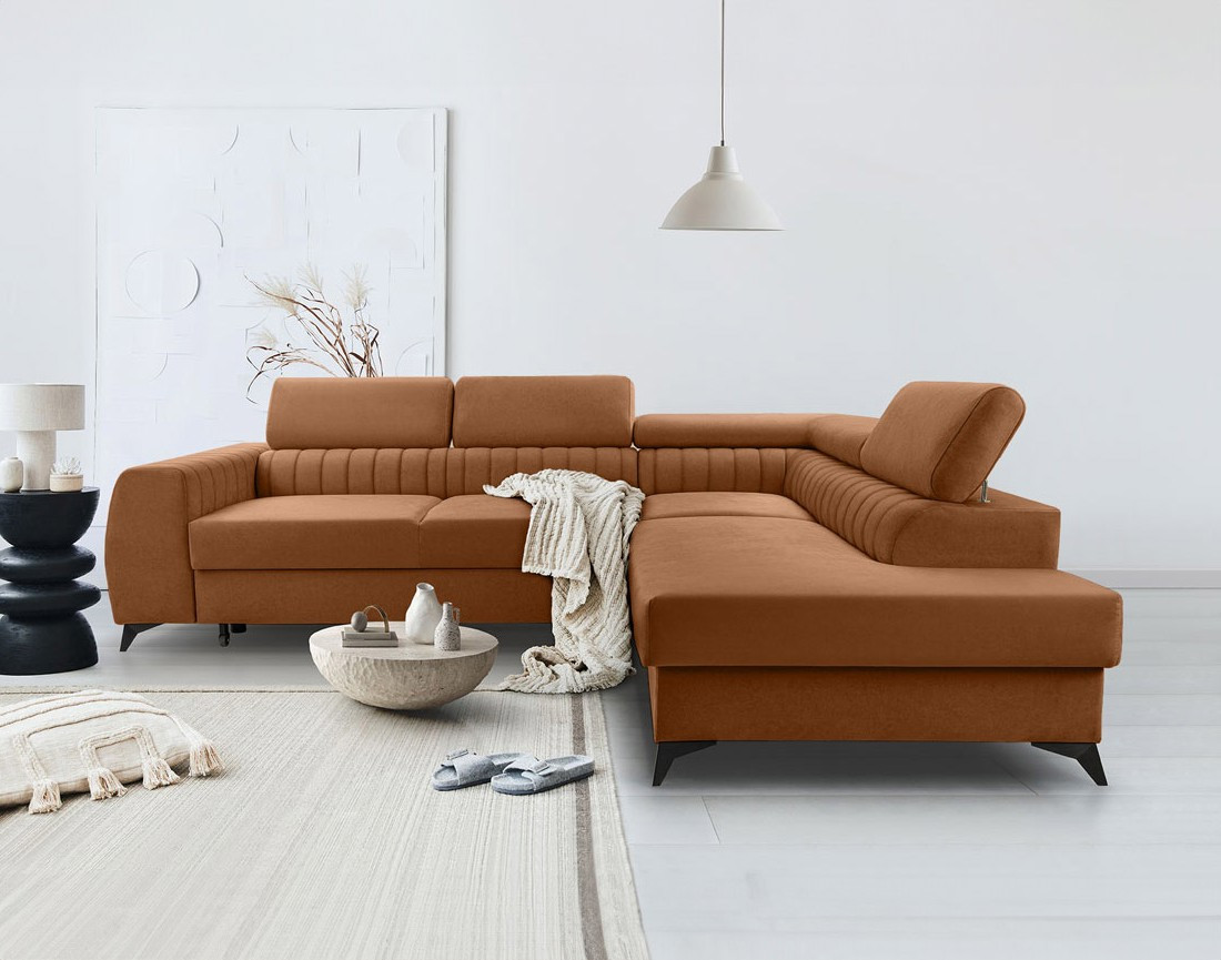 Canapé d'angle droit 5 places convertible, coffre, têtières en velours Aneta