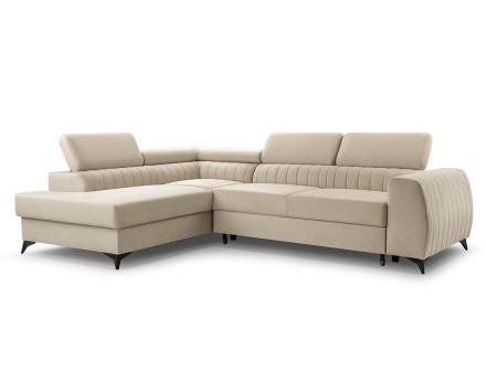 Canapé d'angle gauche 5 places convertible, coffre, têtières en velours Aneta