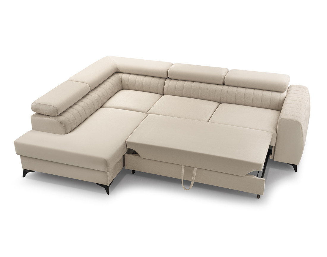 Canapé d'angle gauche 5 places convertible, coffre, têtières en velours Aneta