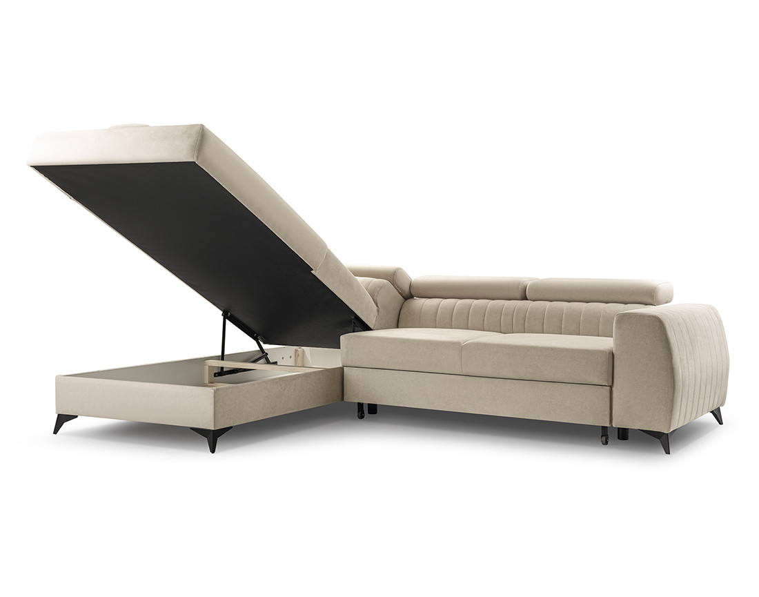 Canapé d'angle gauche 5 places convertible, coffre, têtières en velours Aneta