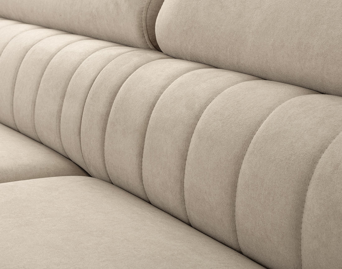 Canapé d'angle gauche 5 places convertible, coffre, têtières en velours Aneta