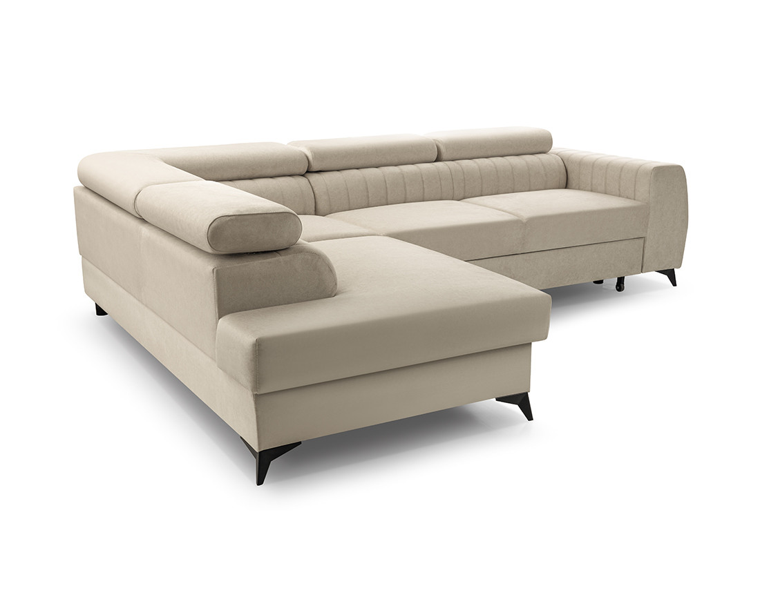 Canapé d'angle gauche 5 places convertible, coffre, têtières en velours Aneta