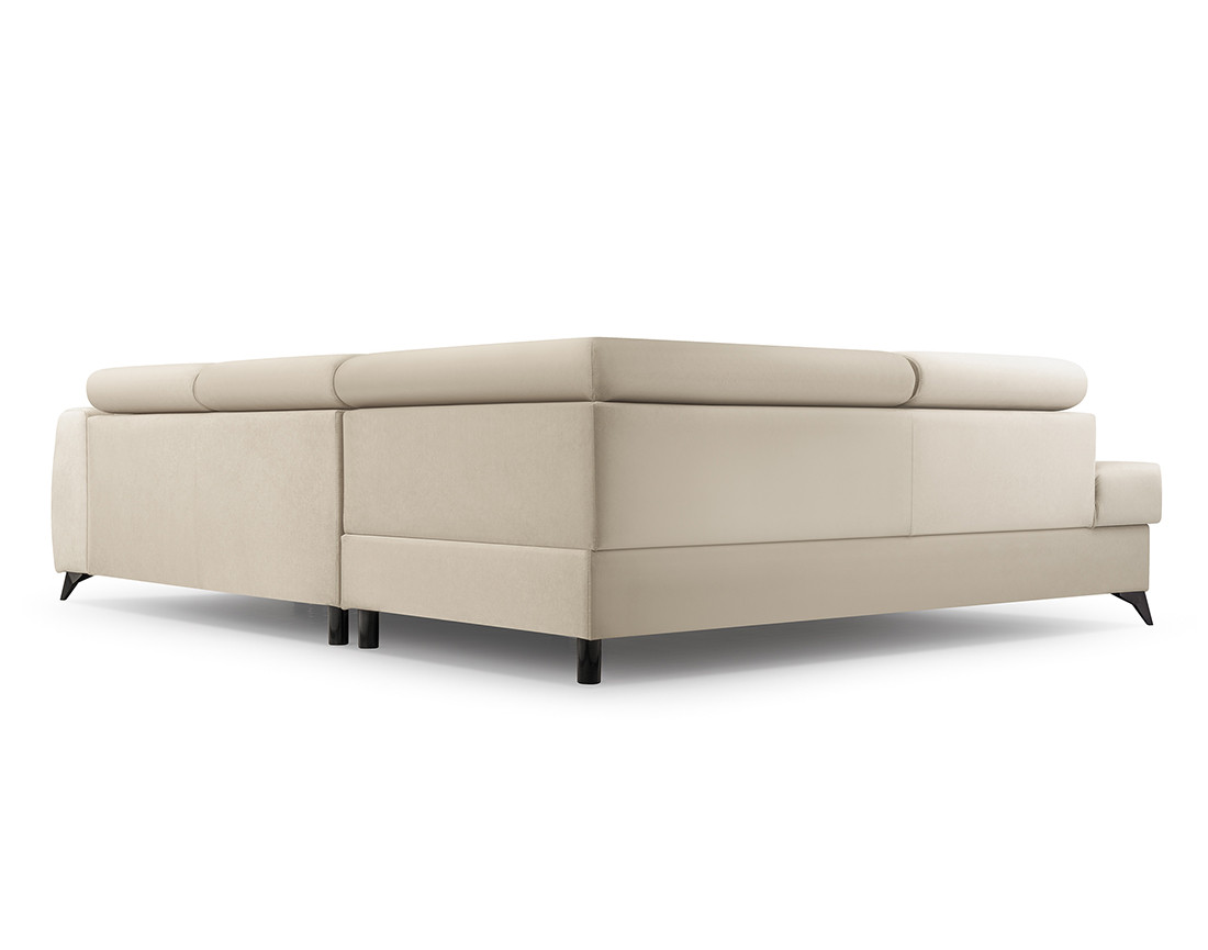 Canapé d'angle gauche 5 places convertible, coffre, têtières en velours Aneta
