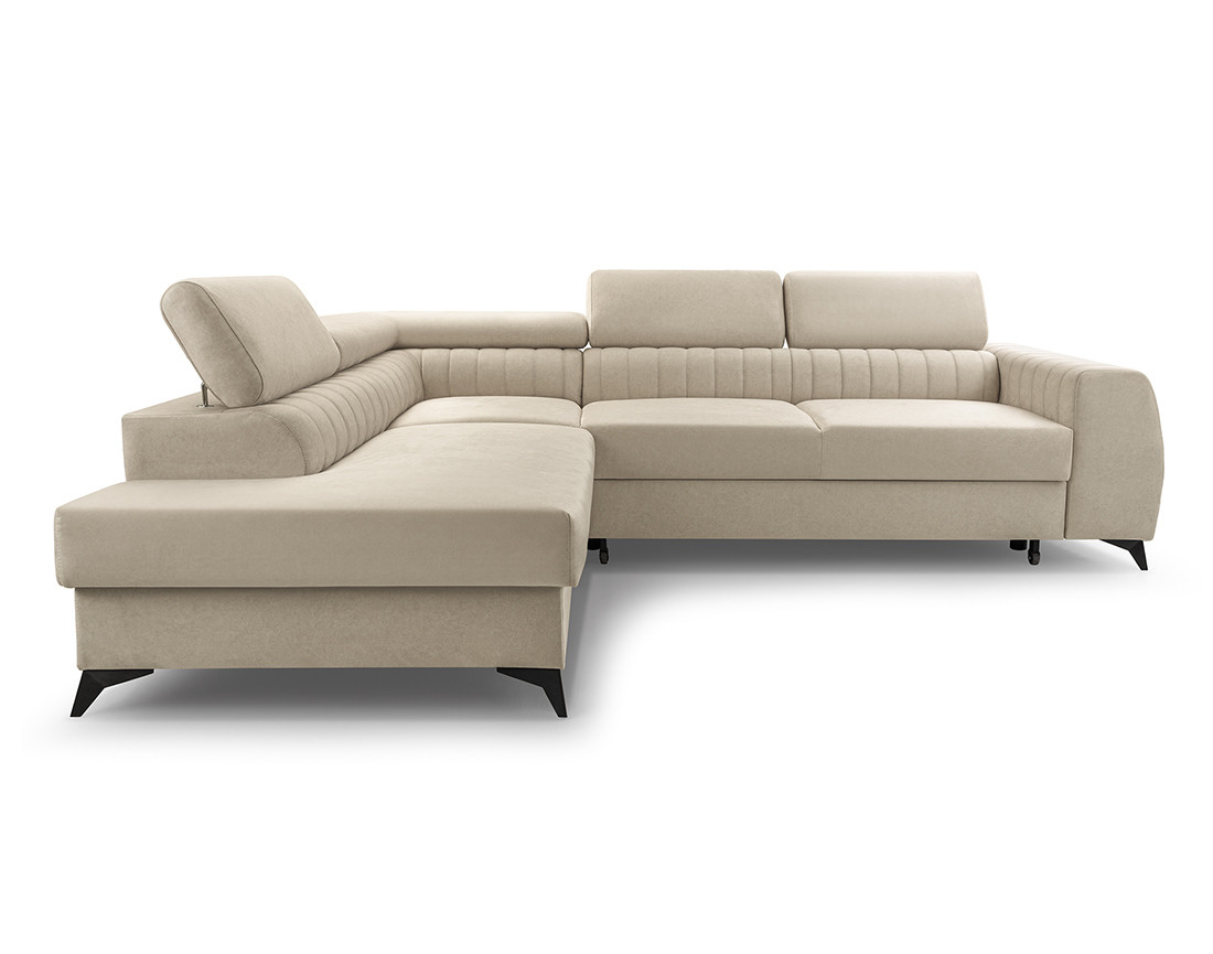 Canapé d'angle gauche 5 places convertible, coffre, têtières en velours Aneta