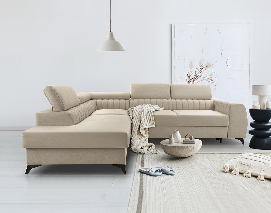 Canapé d'angle gauche 5 places convertible, coffre, têtières en velours Aneta