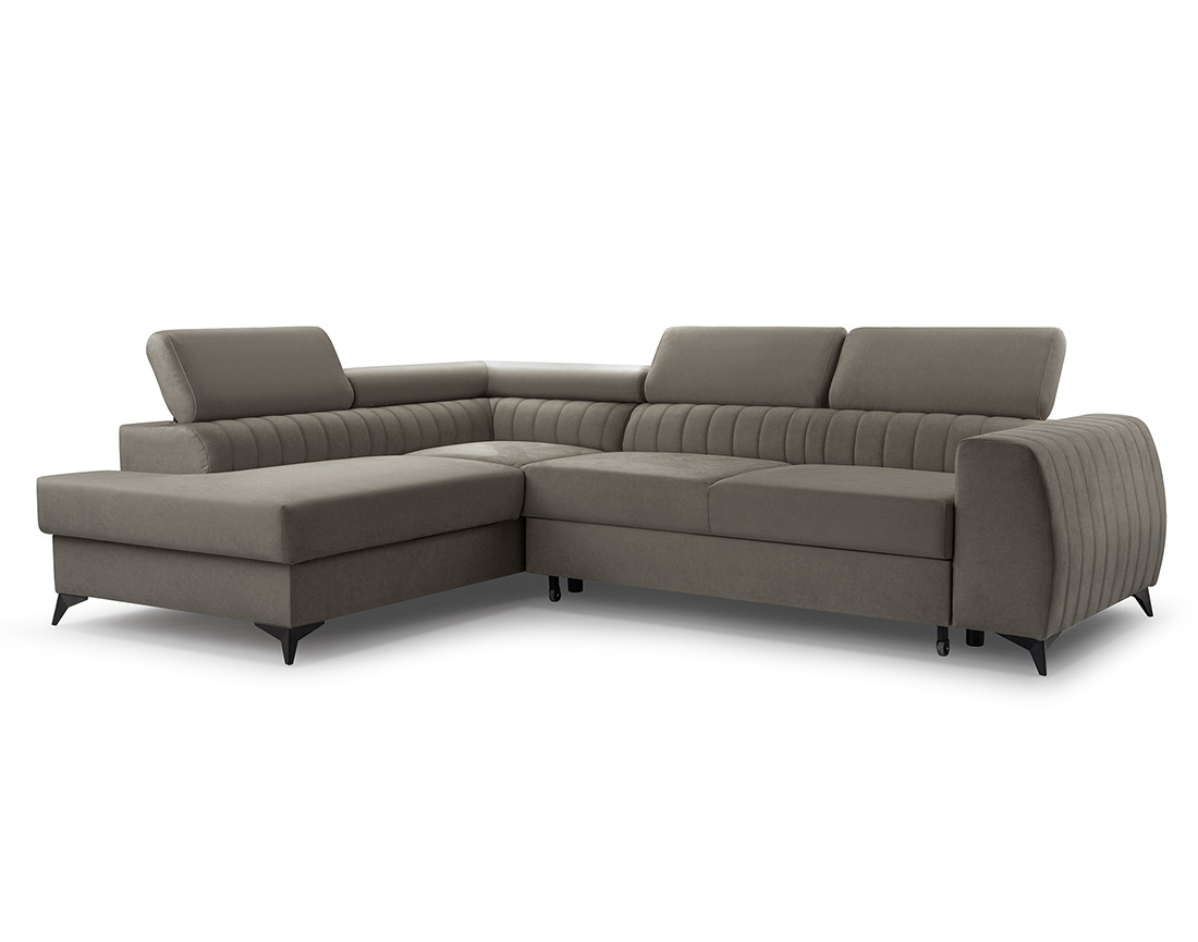 Canapé d'angle gauche 5 places convertible, coffre, têtières en velours Aneta