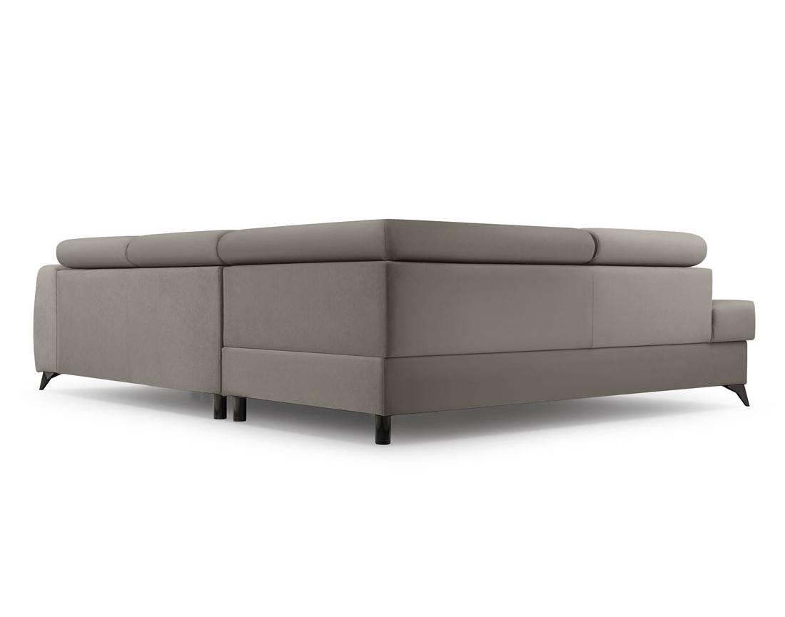 Canapé d'angle gauche 5 places convertible, coffre, têtières en velours Aneta