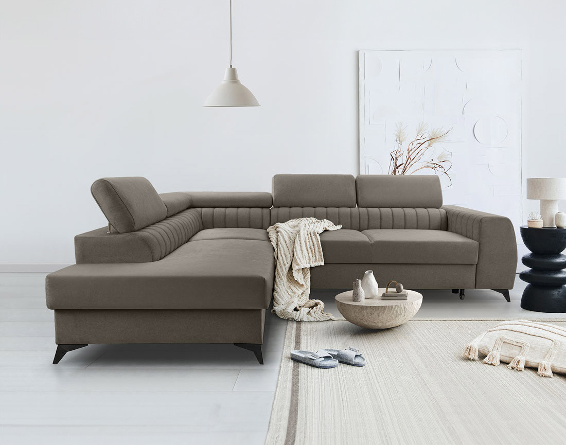Canapé d'angle gauche 5 places convertible, coffre, têtières en velours Aneta