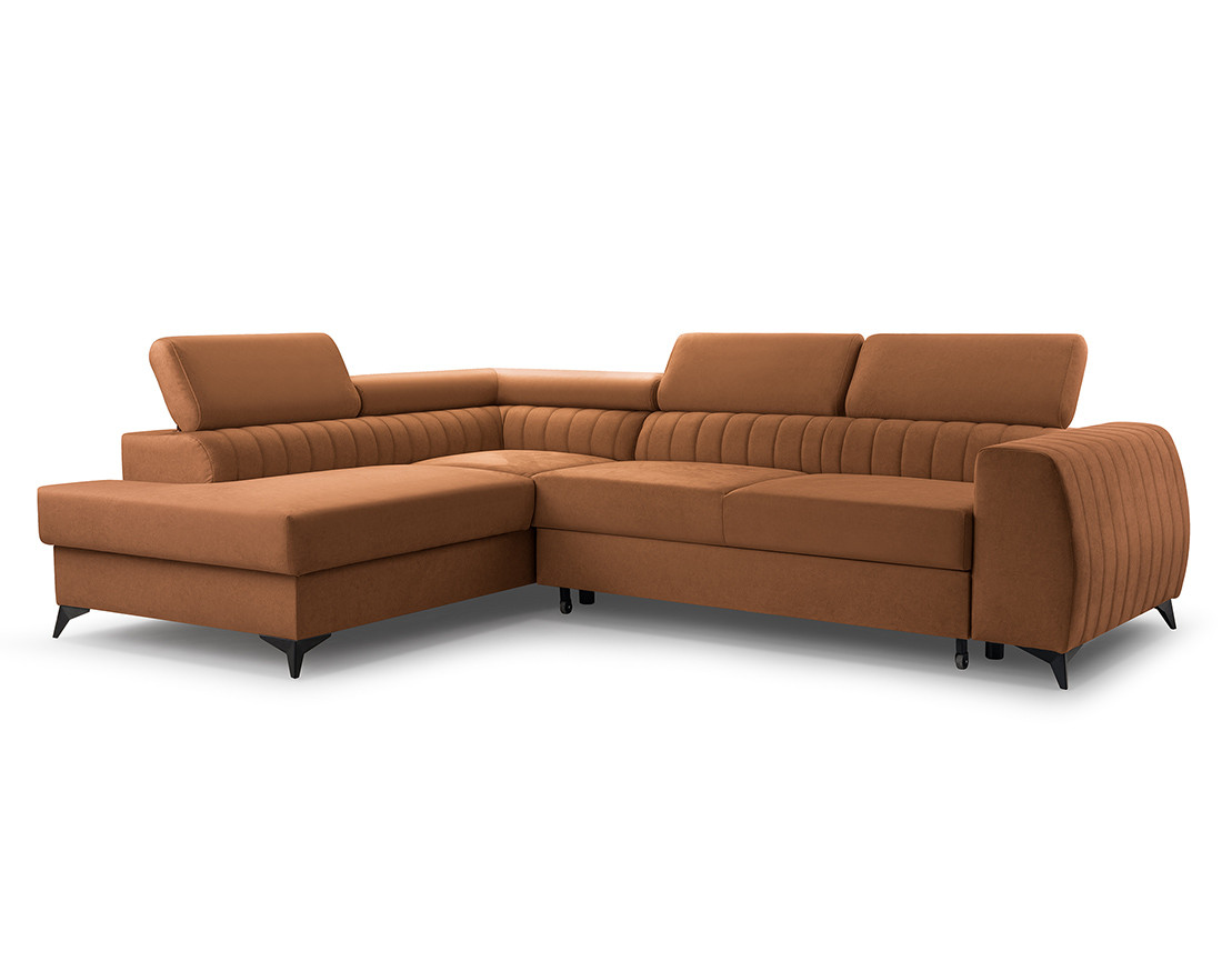 Canapé d'angle gauche 5 places convertible, coffre, têtières en velours Aneta