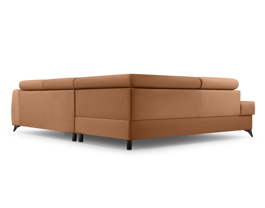 Canapé d'angle gauche 5 places convertible, coffre, têtières en velours Aneta