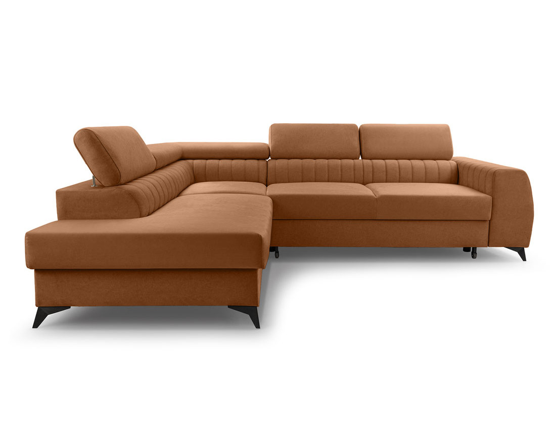 Canapé d'angle gauche 5 places convertible, coffre, têtières en velours Aneta