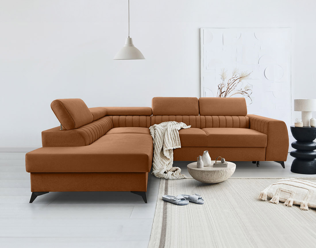 Canapé d'angle gauche 5 places convertible, coffre, têtières en velours Aneta