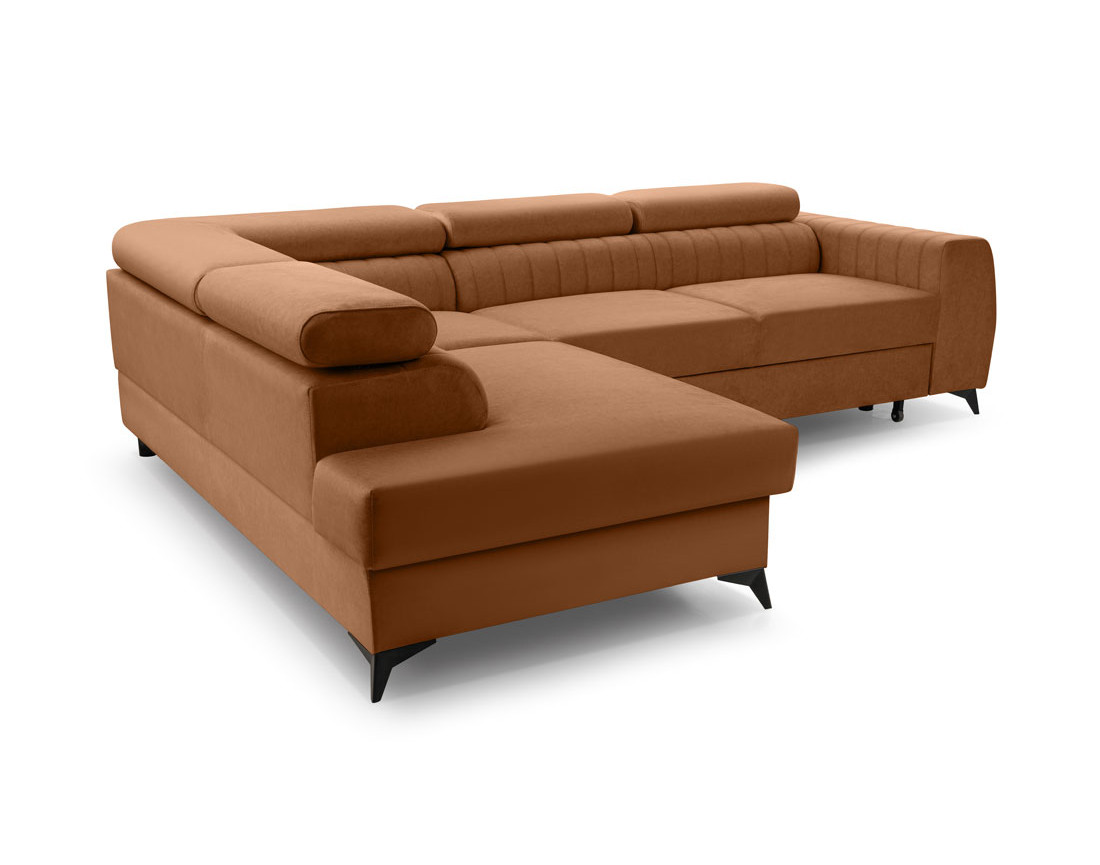Canapé d'angle gauche 5 places convertible, coffre, têtières en velours Aneta