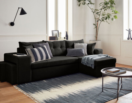 California - canapé d'angle réversible convertible 4 places avec poufs, coffre et tablette de rangement en velours côtelé