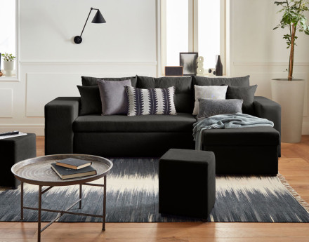 California - canapé d'angle réversible convertible 4 places avec poufs, coffre et tablette de rangement en velours côtelé