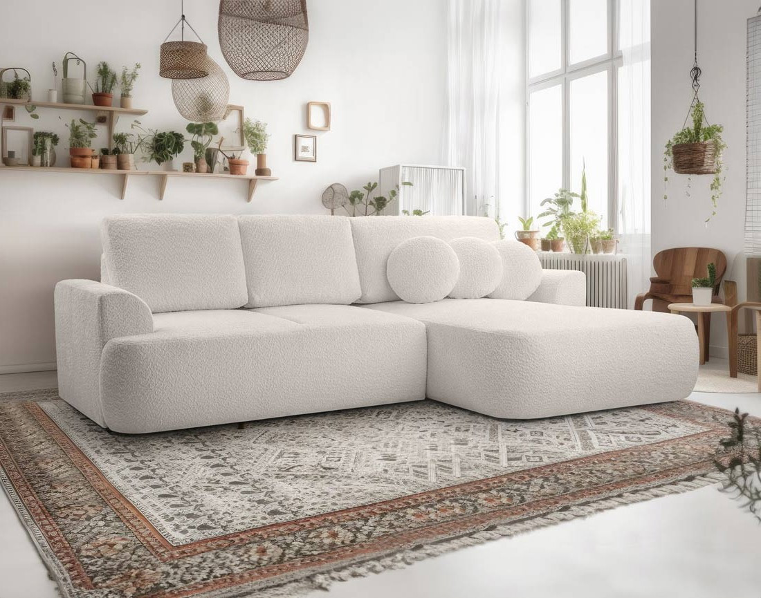 Canapé d'angle droit 4 places convertible en tissu bouclette Candela Canapé d'angle droit 4 places convertible en tissu bouclette Candela