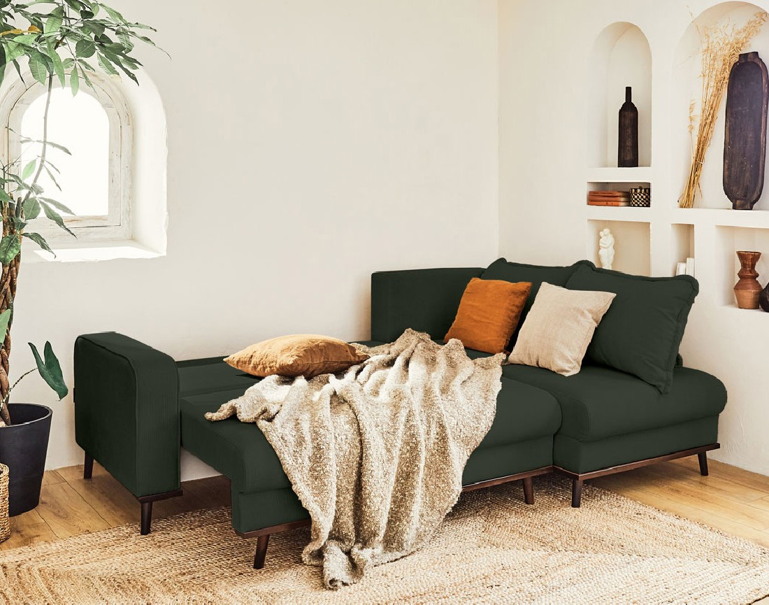 Canapé d'angle droit 4 places convertible avec coffre en velours côtelé Albane