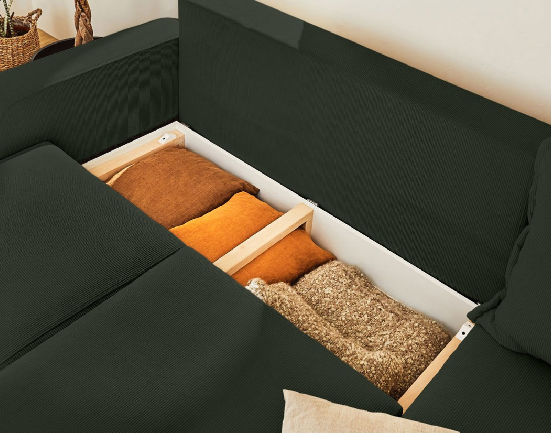 Canapé d'angle droit 4 places convertible avec coffre en velours côtelé Albane