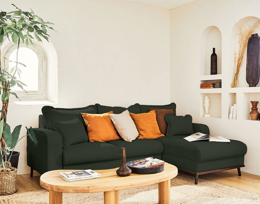 Canapé d'angle droit 4 places convertible avec coffre en velours côtelé Albane