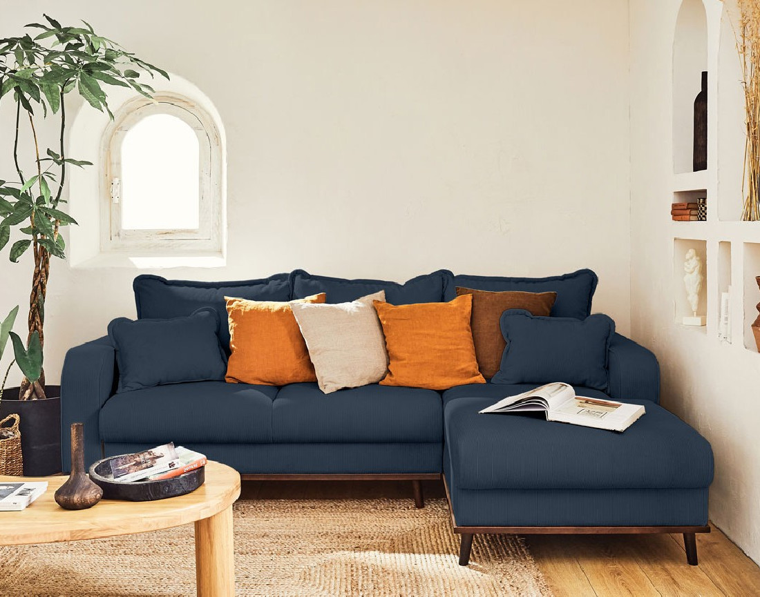 Canapé d'angle droit 4 places convertible avec coffre en velours côtelé Albane