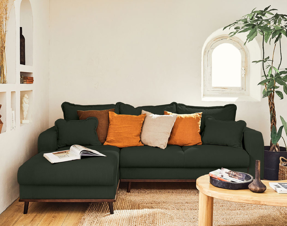 Canapé d'angle gauche 4 places convertible avec coffre en velours côtelé Albane