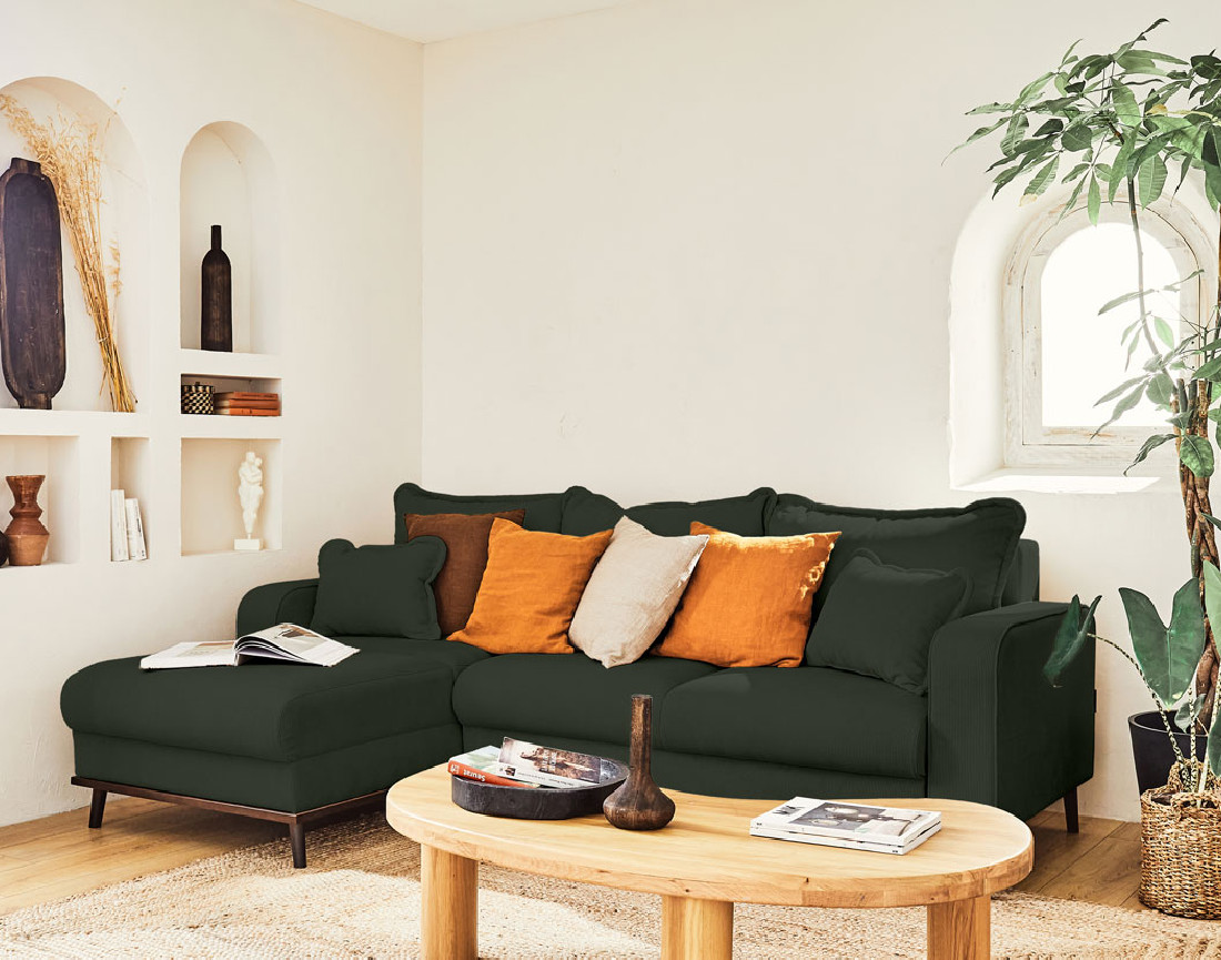 Canapé d'angle gauche 4 places convertible avec coffre en velours côtelé Albane